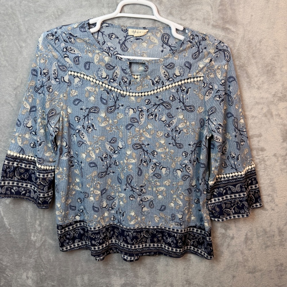 Style & Co Blouse Womens PL Blue Paisley‎ 3/4 Sleeve Pom Pom Trim Boho Bohemian